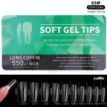 Detailed size chart for 550pcs clear long coffin soft gel nail tips showing dimensions. - Long Coffin Style / 550 Pieces/Pack