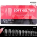 Detailed view of 550 pieces clear oval medium soft gel nail tips with precise size dimensions - Oval Medium Style / 550 Pieces/Pack