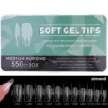 Detail view showing the sizes of 550 pieces medium almond soft gel nail tips and box - Medium Almond Style / 550 Pieces/Pack