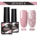 Dettaglio set smalto gel 8,5 ml con tonalità rosa pieno e rosa glitter. - Set da 2 / Rosa Nude (011) e Rosa Brillantini Grandi (052)