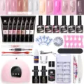 Kit completo de gel de extensión de uñas con lámpara UV LED rosa y varios colores de poligel - Juego 03