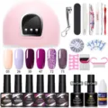 Kit complet de vernis gel avec lampe UV LED rose, 6 couleurs, base top coat et outils - 54W03
