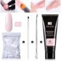 Kit de gel d'extension d'ongles rose tendre 15ml avec embouts, pinceau et poussoir. - Set de 4 pièces / Lot de 4 / Rose Doux (01)