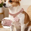 Detail view of adjustable rhinestone cuban link dog collar with paw pendant in rose gold. - Classic Cat Paw Pendant Style / 20cm / Rose Gold
