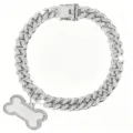 Strass besetztes Haustier Cuban Kette Halsband Detail mit Knochen Anhänger und glänzendem Design. - 20cm / Silber