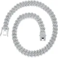 Detailed view of men's iced out silver Cuban link necklace with sparkling crystals. - 18cm (7 Inches) / Silver