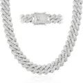 Detailed macro view of the iced out clasp on a silver Cuban link chain necklace - 35cm (14 Inch) / Silver