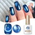 Détail macro de l'effet gel à ongles 9D cat eye bleu avec paillettes et flacon. - 03 (Œil de Chat Bleu Foncé)