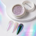 Iridescent aurora nail powder showing effects on clear, white, and black bases. - NDA005 Dreamy Purple Style (05) / Single Box