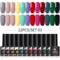 Detalle del set de 12 esmaltes de uñas en gel UV LED Née Jolie con muestras de color - Set 03 / Juego de 12