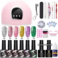 Kit gel ongles Née Jolie avec lampe UV LED rose, 6 couleurs pailletées et accessoires - 54W14