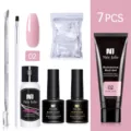 Kit de uñas de gel de extensión de 7 piezas en rosa perla con solución y puntas. - Juego de 7 piezas / Set de 7 piezas / Rosa Perlado (02)