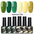 Set profesional de 6 esmaltes de uñas en gel en tonos verdes y amarillos con purpurina - Juego de 6 Botellas 28