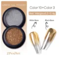 Juego profesional de polvos para uñas espejo con efecto aurora cromado metálico plata y oro - Juego de 2 Piezas Color 03 / Purpurina Espejo Metálica