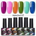 Set de 6 esmaltes de uñas en gel UV LED con tonos vibrantes y acabado azul glitter - Juego de 6 Botellas 47