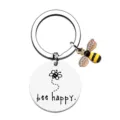 Stainless steel keychain with engraved bee happy tag and a crystal bee charm detail - Enamel Bee Style (ALYSK-0021-2)