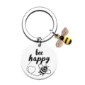 Minimalist stainless steel keychain with bee happy engraving and rhinestone bee charm - Silver Bee Style (ALYSK-0021-1)
