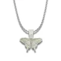 Close-up macro view of a silver-toned hip hop butterfly pendant paved with white rhinestones - Butterfly Pendant / Pendant Only (No Chain) / Silver