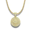Detailed view of hip hop gold pendant necklace encrusted with shimmering crystals - Round Number 7 Pendant / Pendant Only (No Chain) / Gold