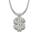Close-up of hip-hop silver dollar sign pendant necklace with iced out rhinestones - Dollar Sign Pendant / Pendant Only (No Chain) / Silver