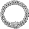 Close-up detail of a silver iced out Cuban link chain bracelet with shiny rhinestones - 18cm / Silver