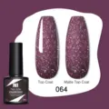 Smalto gel glitter viola 064 Née Jolie con effetti top coat lucido e opaco a confronto - 064 Viola Glitter