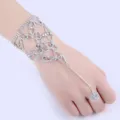 Elegant rhinestone hand back chain bracelet ring set for bridal or Latin dance performance. - Deluxe Butterfly Hand Chain / Silver