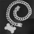 Luxe zilveren iced out Cubaanse schakel huisdierhalsband met strass bot hanger, top - Klassiek Bot / 3XL / Zilver