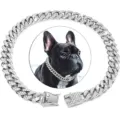 Besetztes kubanisches Glied-Halsband für Haustiere mit Zinklegierung und Strasssteinen - 20 cm Länge / Silber