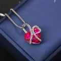 Pink heart crystal necklace with 'I Love You Forever' engraving on silver band - Classic Engraved Style / Hot Pink