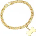 Primo piano del collare per animali in maglia cubana dorata con strass e osso - Ciondolo a Osso JDK / 20cm / Oro