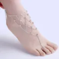 Elegant silver rhinestone bridal foot chain anklet featuring a multi-layer mesh design - Beaded Foot Harness / Silver