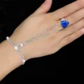 Bracelet bague élégant en strass argenté avec pierre de cœur bleue et des perles - Pierre Précieuse Artificielle Cœur Bleu Avec Perles Artificielles (Style 6)