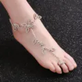 Elegant sparkly rhinestone butterfly foot chain anklet for brides in premium silver finish - Leaf Foot Harness / Silver