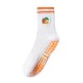 White anti-slip yoga socks for women with orange citrus embroidery and hexagonal grips - One Size / White/Orange (Orange Pattern)