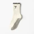Cream non-slip yoga socks with black bow embroidery and scalloped cuffs - Milk White with Black Trim