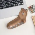 Brown anti-slip mid-calf yoga socks with heart embroidery and ruffled edge for Pilates. - Milk Tea