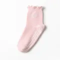 Anti-slip pink yoga socks featuring sweet heart embroidery and elegant ruffle trim detail - Pink