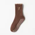 Professional non-slip yoga socks in brown with elegant bow embroidery and ruffled top - Coffee