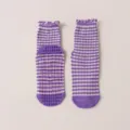 Calcetines de yoga antideslizantes a cuadros morados para mujer con puños con volantes y suela. - Talla Única 35-42 / Serie morada n.º 3