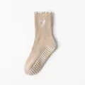 Professional khaki yoga socks with anti-slip silicone dots and white bow embroidery - Khaki