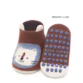 Braune rutschfeste Babysocken mit süßem Löwenmuster und blauen Gumminoppen an der Sohle - S (0-1 Jahr) / Brauner Löwe