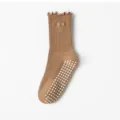 Professional brown mid-calf yoga socks with non-slip silicone dots and ruffled bow detail - Milk Tea