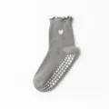 Professional grey non-slip yoga socks featuring white heart embroidery and a stylish ruffled edge - Gray