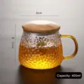Hammered texture glass tea cup with wooden lid 400ml capacity 8cm width 9.5cm height - 400ml Wood Lid Hammered 3-piece Cup