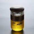Hammered texture borosilicate glass tea cup with dark wood lid and protective wooden sleeve - 401-500ml / Hammered Model