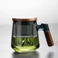 500ml smoky gray borosilicate glass tea cup with mountain base and wooden lid handle - Mountain Style Cup / 500ml / Smoke Gray (Mountain Bottom)