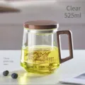 Premium 525ml heat-resistant borosilicate glass tea cup with wooden lid and handle - 525ml / Round Minimalist Three-Piece Cup / Clear