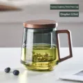 525ml high borosilicate glass tea cup with wooden lid and handle in elegant blue-green - 525ml / Round Minimalist Three-Piece Cup / Cyan-Grey
