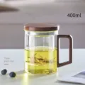 400ml clear high borosilicate glass tea infuser mug with natural wooden handle and lid - 400ml / Straight Minimalist Three-Piece Cup / Clear